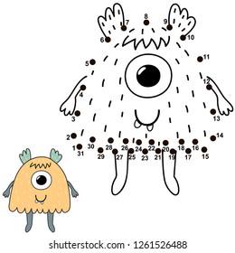 Connect the dots and draw a cute monster. Numbers game for children. Great for Halloween activities. Vector illustration