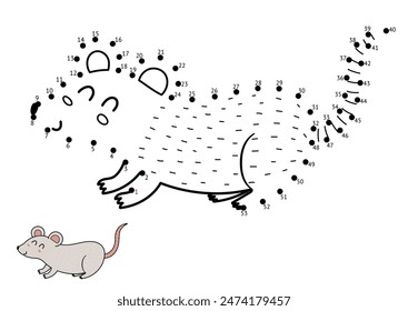 Connect the dots and draw a cute mouse. Dot to dot game for kids. Funny animal puzzle activity page with a funny mice. Vector illustration