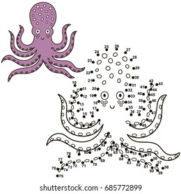 Connect the dots to draw a cute octopus and color it. Educational numbers and coloring game for children. Vector illustration