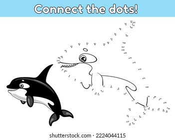 Conecta los puntos y dibuja una orca linda. Juego educativo para niños. Ilustración vectorial de la caricatura de animales marinos.