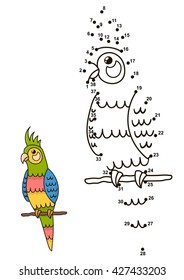 Connect the dots to draw the cute parrot and color it. Educational numbers and coloring game for children. Vector illustration