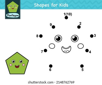 Connect the dots and draw a cute pentagon. Dot to dot number game for kids. Learning shape activity page for preschool. Puzzle template for children. Vector illustration