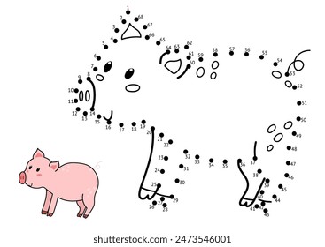 Connect the dots and draw a cute pig. Dot to dot game for kids. Farm animal puzzle activity page. Vector illustration