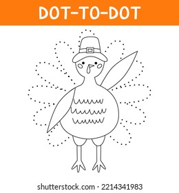 Connect The Dots And Draw Cute Pilgrim Turkey. Bird Animal Character Wearing A Pilgrims Hat. Educational Game For Kids.