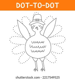 Connect The Dots And Draw Cute Pilgrim Turkey. Bird Animal Character Wearing A Pilgrims Hat. Printable Worksheet. Educational Game For Kids. Vector Cartoon Illustration For Thanksgiving Day.