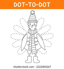 Connect The Dots And Draw Cute Pilgrim Turkey. Bird Animal Character In A Hat, A Scarf And Ugg. Printable Worksheet. Educational Game For Kids.