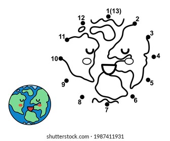 Connect the dots and draw a cute planet Earth. Space dot to dot game. Educational page for kids. Vector illustration