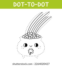 Connect the dots and draw cute pot with gold coins. St. Patrick's Day coloring book. Printable worksheet with solution for school and preschool. Educational game for kids.