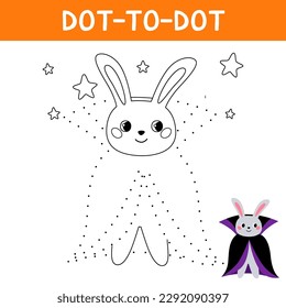 Connect the dots and draw cute rabbit. Bunny in vampire halloween costumes. Educational game for kids.