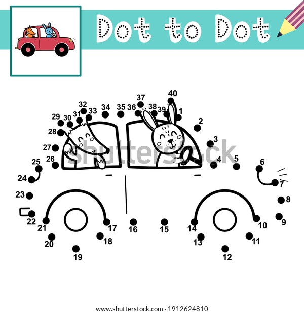 Connect the dots and draw cute rabbit and\
fox driving a car. Dot to dot game with funny animals. Educational\
page for kids. Vector\
illustration