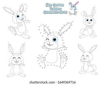 Connect The Dots And Draw Cute Rabbits Cartoon Set. Educational Game For Kids. Vector Illustration Happy Animal