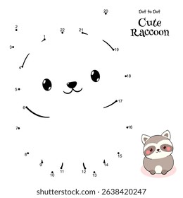 Connect The Dots and Draw Cute Raccoon. Dot to dot puzzle - cartoon little animal. Educational Game for Kids. Drawing for Preschool children. Vector Illustration EPS8