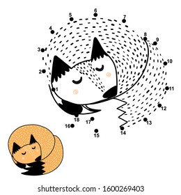 Connect the dots and draw a cute sleeping fox. Number game for kids with funny arctic animal. Coloring page for children. Vector illustration
