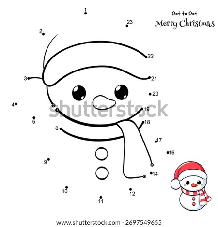 Connect The Dots and Draw Cute Snowman. Dot to dot puzzle - cartoon snowman in hat and scarf. Merry Christmas. Educational Game for Kids. Drawing for Preschool children. Vector Illustration EPS8