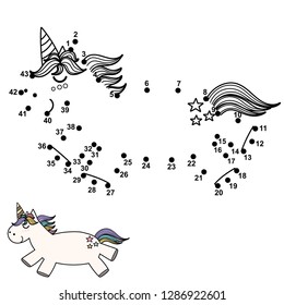 Connect the dots and draw a cute unicorn. Numbers game for children. Vector illustration