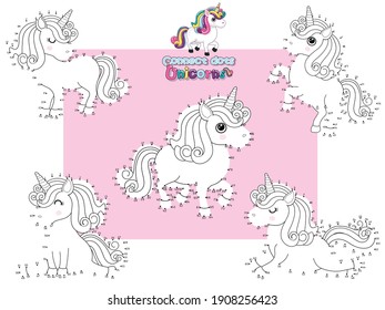 Connect The Dots and Draw Cute Unicorns Cartoon Set. Educational Game for Kids. Vector Illustration Happy Animal