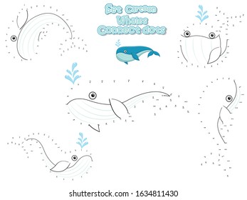 Connect The Dots And Draw Cute Whales Cartoon Set. Educational Game For Kids. Vector Illustration Happy Animal
