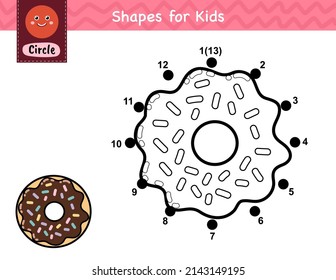 Connect the dots and draw a donut. Dot to dot number game for kids. Learning circle shape activity page for preschool. Puzzle template for children. Vector illustration