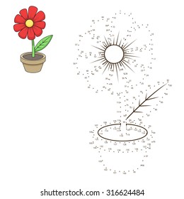 Connect the dots to draw flower  educational game vector illustration.