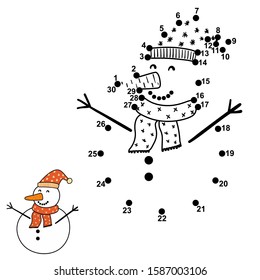 Connect the dots and draw a funny snowman. Christmas number game for kids. Holidays activity. Vector illustration 