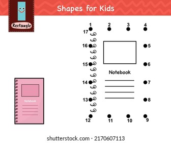 Connect the dots and draw a notebook. Learning rectangle shape activity page for kids. Dot to dot game for children. Vector illustration