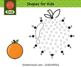 Connect the dots and draw an orange. Dot to dot number game for kids. Learning circle shape activity page for preschool. Puzzle template for children. Vector illustration