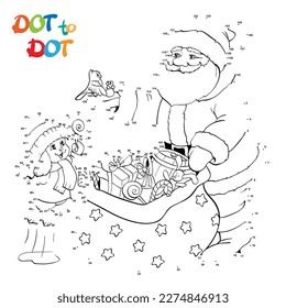 Connect The Dots and Draw Santa Claus, rabbit and birds with Christmas gifts. Vector Illustration.