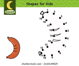 Connect the dots and draw a sausage. Dot to dot number game for kids. Learning a crescent shape activity page for preschool. Puzzle template for children. Vector illustration
