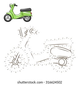 Connect the dots to draw scooter educational game vector illustration.