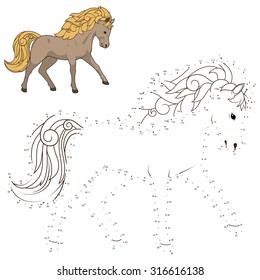 Connect the dots to draw wild horse  educational game vector illustration, learn animal, educational material, horse, wild, animal, cartoon