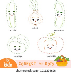 Connect the dots, education game for children. Set of cartoon vegetables - Pumpkin, Cucumber, Onion, Zucchini, Cabbage