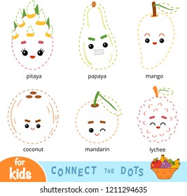 Connect the dots, education game for children. Set of cartoon fruits and nuts - Coconut, Dragon fruit, Papaya, Mango, Lychee, Mandarin