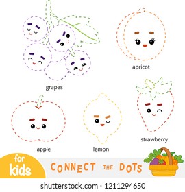 Connect the dots, education game for children. Set of cartoon fruits and berries - Lemon, Strawberry, Grapes, Apricot, Apple