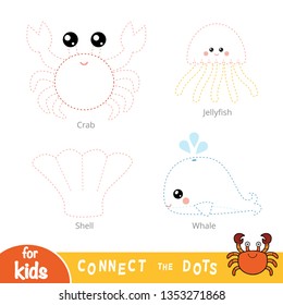 Connect the dots, education game for children. Set of sea animals - Crab, Shell, Jelly fish, Whale