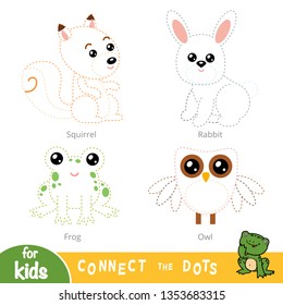 Connect the dots, education game for children. Forest animals set - Rabbit, Frog, Owl, Squirrel