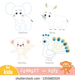 Connect the dots, education game for children. Safari animals set - Elephant, Rhino, Monkey, Peacock