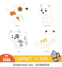 Connect the dots, education game for children. Set of pets - Dog, Hamster, Gecko, Cat