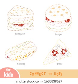 Connect the dots, education game for children, set of food. Burger, hot dog, pizza, sandwich