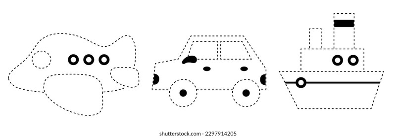 Connect the dots, educational game for children. Set of cartoon vehicles. Car, Airplane, Steamship. Worksheet for preschool kids with the task of connecting lines.