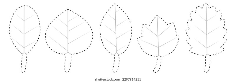 Connect the dots, educational game for children. Set of autumn leafs of different geometric shapes. Worksheet for preschool kids with the task of connecting lines.