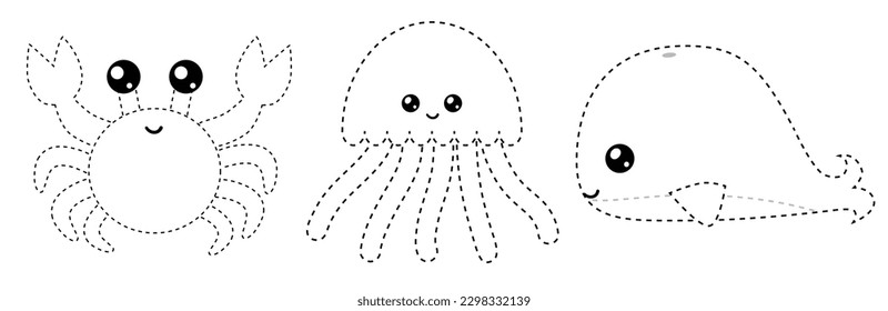 Connect the dots, educational game for children. Set of cute cartoon sea creatures, Crab, Whale, Jelly fish. Worksheet for preschool kids with the task of connecting lines