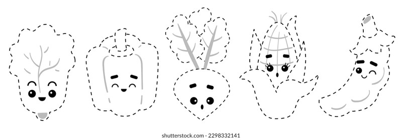 Connect the dots, educational game for children. Set of cute cartoon vegetables with faces. Red pepper, Beet, Green pea, Lettuce, Corn. Worksheet for preschool kids with the task of connecting lines