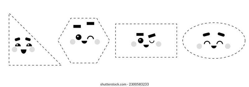 Conectar los puntos, juego educativo para niños. Conjunto de formas geométricas de dibujos animados con caras lindas. Triángulo, Rectángulo, Elipse, Hexagón. Hoja de trabajo para niños de preescolar con la tarea de conectar líneas
