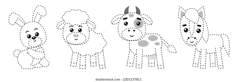 Connect the dots, educational game for children. Set of cute cartoon farm animals. Cow, Sheep, Horse, Rabbit. Worksheet for preschool kids with the task of connecting lines.