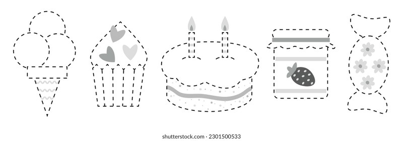 Connect the dots, educational game for children. Set of cartoon sweets. Candy, Ice cream, Cake, Jam-jar, Cookie. Worksheet for preschool kids with the task of connecting lines.