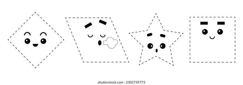 Connect the dots, educational game for children. Set of cartoon geometric shapes with cute faces. Rhombus, Parallelogram, Star, Square. Worksheet for preschool kids with the task of connecting lines