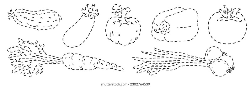 Conectar los puntos, juego educativo para niños. Conjunto de verduras de dibujos animados. Calabaza, tomate, pimienta, zanahoria, pepino, berenjena, cebolla. Hoja de trabajo para niños de preescolar con la tarea de conectar líneas