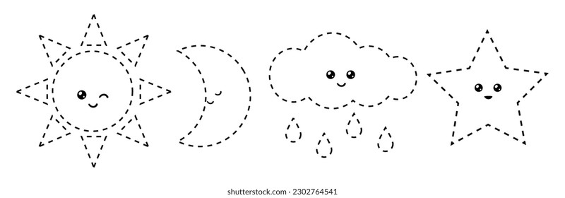 Connect the dots, educational game for children. Set of cartoon sky objects. Sun, Cloud with raindrops in the sky, Crescent, Space star. Worksheet for preschool kids with the task of connecting lines