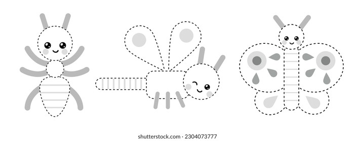 Connect the dots, educational game for children. Set of cute cartoon insects. Butterfly, Dragonfly, Ant. Worksheet for preschool kids with the task of connecting lines