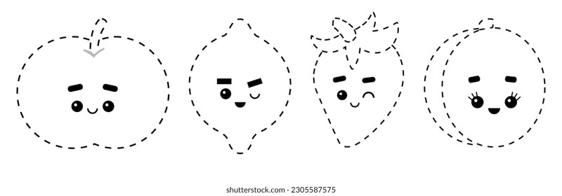 Conectar los puntos, juego educativo para niños. Juego de frutas de dibujos animados, limón, fresa, albaricoquí, Apple con caras lindas. Hoja de trabajo para niños de preescolar con la tarea de conectar líneas.